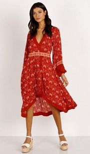 Spell & The Gypsy Collective Red Jewel Soire Midi Wrap Dress XS