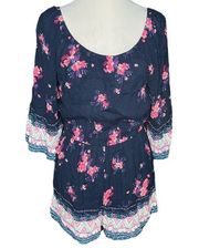 Mudd Floral Short Sleeve Romper Navy Blue Pink Size Medium