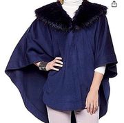 Adrienne Landau Navy Faux Fur Collar Cape Poncho