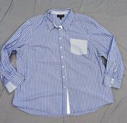 Lane Bryant Button Up Shirt Size 24 Blue White Stripe Blouse Pocket