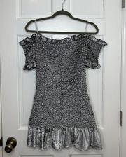 Petersyn Benson Off The Shoulder Velvet Smocked Ruffle Dress in Steel, Small NWT