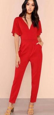 SheIn Solid Red Plunge Neckline Romper Barbie Jumpsuit Flutter Sleeves Size Small