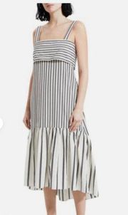 Theory Ventura Multi Stripe Tank Dress Tie Back Cotton Midi Black Cream Medium