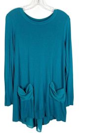 LOGO Lori Goldstein Teal Blue Chiffon Long Sleeve Longline Tunic Top Small S