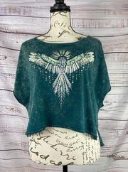 Shyanne Cropped Tee Shirt Women M Southwestern Eagle Short Sleeve Acid Wash Teal