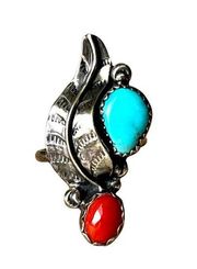 Vintage sterling silver turquoise and coral Native American ring size 6.25