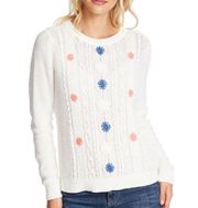 CeCe Embroidered floral cable knit white sweater
