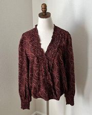 EUC Evereve‎ Anden Paisley Blouse Women L Brown Pink Ruffles Lightweight