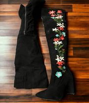 Qupid Miss 10 Embroidered Floral Thigh High Boots Black Faux Suede Size 5.5‎