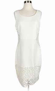 SANGRIA White Dress Sheath Sleeveless Laser Floral Cutouts Scoop Neck Midi 8 EUC