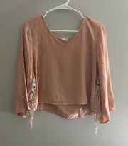 Cotton Candy pink v-neck blouse with lace on sleeves 