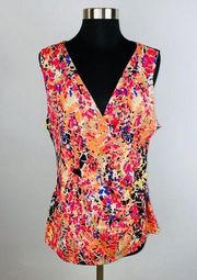 Relativity Sleeveless Colorful Bright Abstract Faux Wrap Top Blouse Women's XL