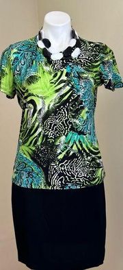 Peter Nygard Green Blue Black White Short Sleeve Paisley/Animal Print Top SZ M