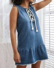 Blue Chambray Lace-up Rope Ruffle Raw Hem Sleeveless Nautical Mini Dress S