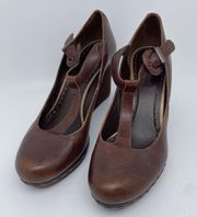 Wedge Heel Mary Jane Leather Shoes Sz 9 Brown.