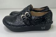 Alegria Allie Embossed Clogs Black Rose Leather Comfort Slip On Wedge Women's 40