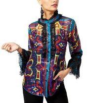 ANNA SUI X INC Women’s Silk Lace Trim Bell Sleeve Patterned Blouse size Medium