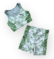 Tuckernuck Green White Floral Sports Bra Biker Shorts Set Women’s Size Small