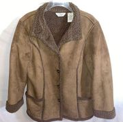 L.L. Bean Winter Coat Womens Size XL Brown Faux Fur Fleece Long Sleeve Button Up