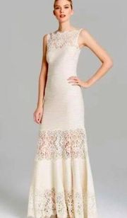 Tadashi Shoji Cream Lace Pintuck Illusion Neck Wedding Dress M