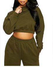 Naked Wardrobe Stay Chillin Cropped Hoodie and Jogger Set Green Size XL