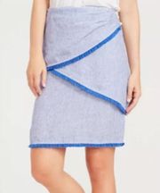 J. McLaughlin Mallorca linen wrap tiered fringe Stripe skirt sz 6 blue white