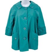 Anthropologie  Tulle Teal Rain Coat Jacket Big Buttons Peter Pan Collar Small