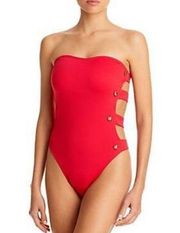 Alexandra Miro Bella Swimsuit Cut-Out Side Gold Heart Buttons Textured Red M NWT