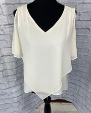 cold shoulder v-cut Flowy blouse w/sheer triangle cut outer layer white sz S women