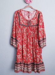 Beachlunchlounge Red Floral Bohemian Tassle Long Sleeve Dress