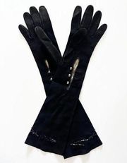 Vintage Black Suede Beaded Gloves Size 7.2