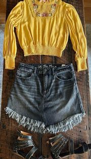 We The Free Black fringe denim jean skirt Free People