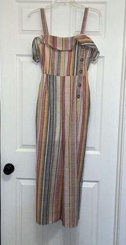 Hummingbird Multicolored Striped Crop length Jumpsuit with Ruffle & Buttons