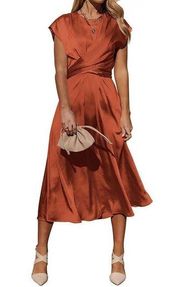 NEW L Satin Midi Dress Cap Sleeve Tie Waist Elegant A-Line M 8/10