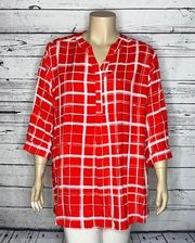 Woman Within Size 26/28 2X Pink & White Plaid Split V-Neckline Tunic Shirt Top