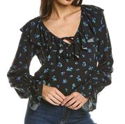 New  Floral Ruffle V-Neck Long Sleeve Blouse Black Blue Size Large