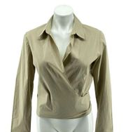 City DKNY Women’s Tan Collared Long Sleeve Cotton Wrap Front Blouse Top Size 12
