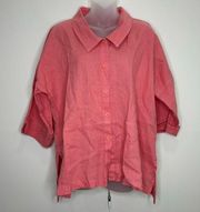 FLAX 100% Linen Pink Button Down Top 3/4 Sleeve size Medium boho oversized