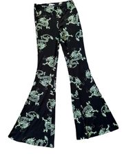 Size Small Black Flared Pants Green Dragon Print Stretchy Knit