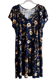 Wonderly Floral Print Navy Blue Dress Short Sleeve Stretch Casual - XL