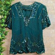 Laurence Kazar Beaded Sequined Silk Sheer Mesh Evening Top Deep Green Size Large