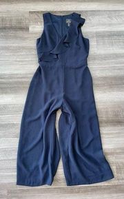 Adrianna Papell Navy Blue Ruffle Jumpsuit Size 4 Cropped Wide Leg Zip Formal