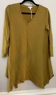 NWOT Garnet Hill Gold Tunic Top V-Neck Knit Asymmetrical Hem 3/4 Slvs Size S