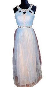 City Triangles Dress beaded cutout halter dress tulle baby blue nude size 5