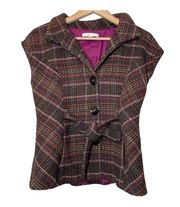 Cabi Wool Blend Tweed Plaid Tie Front Vest Blazer Jacket Brown Small Academia