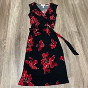 Joseph Ribkoff Black and Red Floral Dress with Belt and Gold Accents Size 4