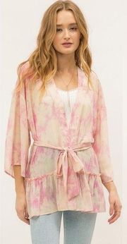 Mystree Pink & Yellow Tie Dye Ruffle Hem Belted Kimono Size M/L