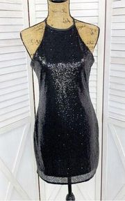 One Clothing Sequin Halter Cocktail Party Mini Dress Black Medium