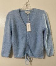 Fuzzy Eyelash Boho Minimalist Sweater Womens Medium Blue Drawstring Cozy