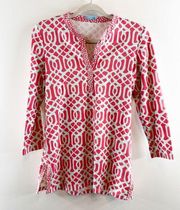 J. McLaughlin 3/4 Sleeve Geometric Print Button Front Tunic Top Red XS